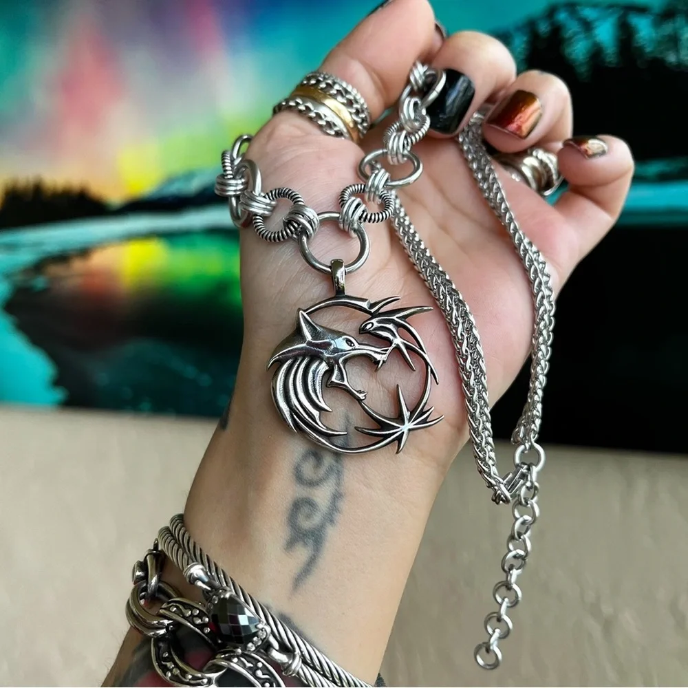 Handmade stainless steel necklace double wheat chain wolf celtic viking charm - Picture 3 of 10